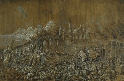 Landaknechten, Bitwa na moście (pióro i atrament z gwaszem na papierze) autorstwa Albrecht Altdorfer