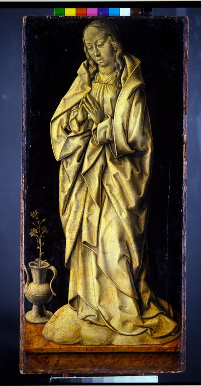 Formerly the wings of a triptych, a pair, Female figures personifying wisdom and generosity, with the annunciation (panel; en grisaille verso) autorstwa Albrecht Bouts