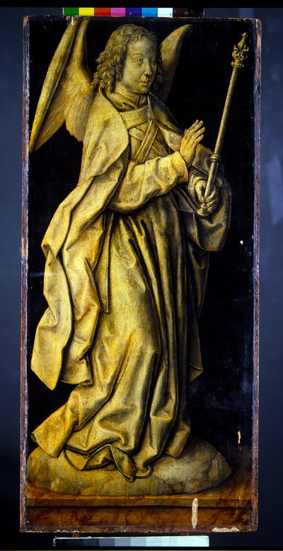 Dawniej skrzydła tryptyku, para, postacie kobiece uosabiające mądrość i hojność, ze zwiastowaniem (panel; en grisaille verso) autorstwa Albrecht Bouts