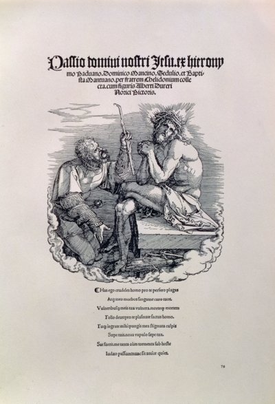 Żołnierz rzymski kpiący z Chrystusa, nad imieniem artysty po łacinie, a poniżej wierszem obwiniającym człowieka za jego grzechy, strona tytułowa serii Wielka Pasja, wyd. 1511 autorstwa Albrecht Dürer