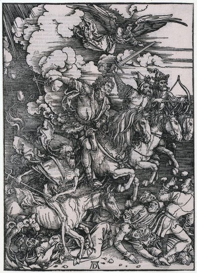 Jeźdźcy Apokalipsy, postać III, arkusz 5 z cyklu „Apokalipsa” autorstwa Albrecht Dürer
