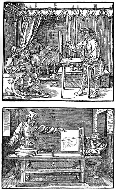 Aparatura do tłumaczenia obiektów trójwymiarowych na rysunki dwuwymiarowe, 1525, 1936 autorstwa Albrecht Dürer