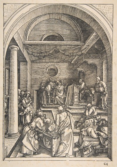 Chrystus wśród lekarzy, z Żywotu Dziewicy, wydanie łacińskie, 1511.n.d. autorstwa Albrecht Dürer