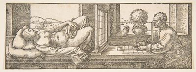 Rysownik tworzący rysunek perspektywiczny leżącej kobiety, ca. 1600. autorstwa Albrecht Dürer