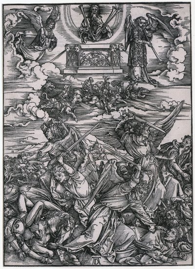Walka aniołów, postać VII, arkusz 9 z cyklu „Apokalipsa” autorstwa Albrecht Dürer