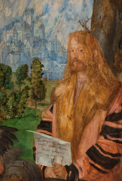 Święto Różańca, szczegół w prawym górnym rogu:
Autoportret autorstwa Albrecht Dürer