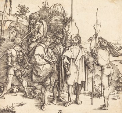 Pięciu żołnierzy i Turk na koniu, 14951496. autorstwa Albrecht Dürer