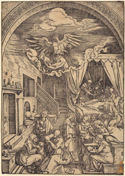 Narodziny Chrystusa, arkusz 10 z cyklu „Życie Maryi” autorstwa Albrecht Dürer