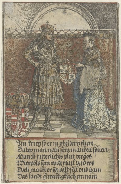Małżeństwo burgundzkie: Maksymilian poślubia Marię Burgundii Łuk Triumfalny cesarza Maksymiliana I (tytuł serii) autorstwa Albrecht Dürer