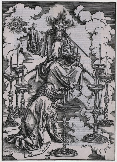 Jan dostrzega siedem świeczników, postać I, arkusz 3 z cyklu „Apokalipsa” autorstwa Albrecht Dürer