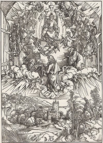 Jana przed Bogiem Ojcem i Starszymi, z epizodu Apokalipsy. 1496 autorstwa Albrecht Dürer