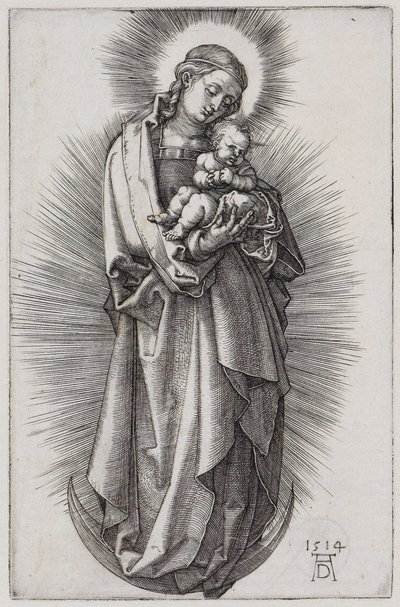 Dziewica z opaską na włosach w promienistej aureoli na sierpie księżyca autorstwa Albrecht Dürer