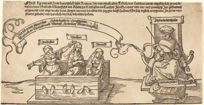 Sprawiedliwość, prawda i rozum w dybach z siedzącym sędzią i śpiącą pobożnością autorstwa Albrecht Dürer