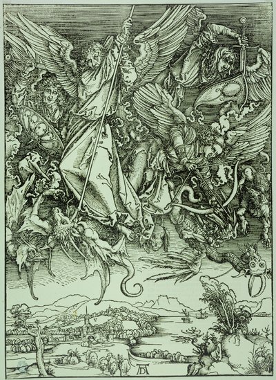 Apokalipsa (wydanie łacińskie): Święty Michał pokonujący smoka (Bartsch 72) autorstwa Albrecht Dürer