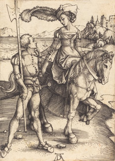 Dama na koniu i Lansquenet, ok. godz. 1497. autorstwa Albrecht Dürer