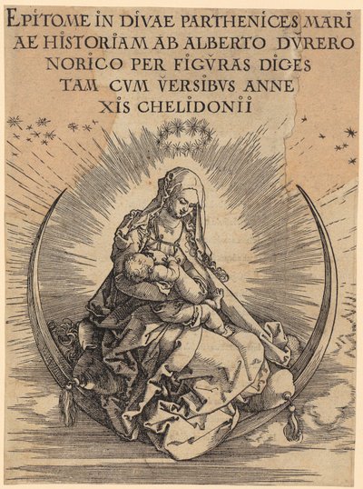 Maria na półksiężycu, arkusz 1 z cyklu „Życie Maryi” autorstwa Albrecht Dürer