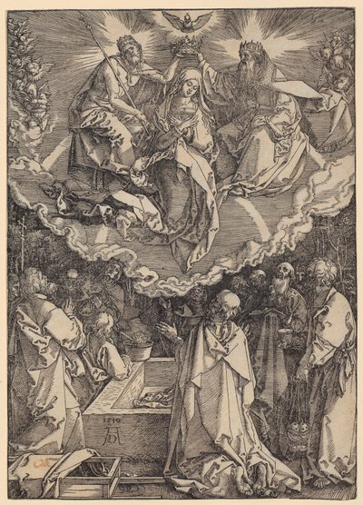 Wniebowzięcie Najświętszej Maryi Panny i koronacja, arkusz 19 z cyklu „Życie Maryi” autorstwa Albrecht Dürer