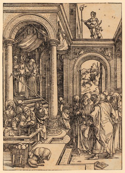 Pójście Maryi do świątyni, arkusz 6 z cyklu „Życie Maryi” autorstwa Albrecht Dürer