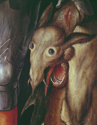 Ołtarz Paumgartnera: detal lewego skrzydła, przedstawiający głowę smoka pokonanego przez św. Jerzego, ok. 1500 tempera na detalu panelu z 495745 autorstwa Albrecht Dürer