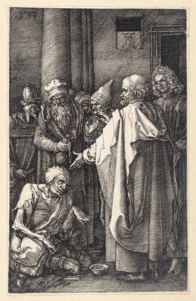 Piotr i Jan uzdrawiają chromego żebraka w świątyni (Pasja miedziorytnicza) autorstwa Albrecht Dürer
