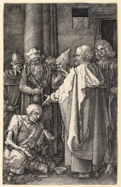 Piotr i Jan uzdrawiają chromego żebraka w świątyni (Pasja miedziorytnicza) autorstwa Albrecht Dürer