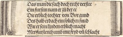 Tekst drukowany do "Zaręczyny Maksymiliana z Marią Burgundii" autorstwa Albrecht Dürer