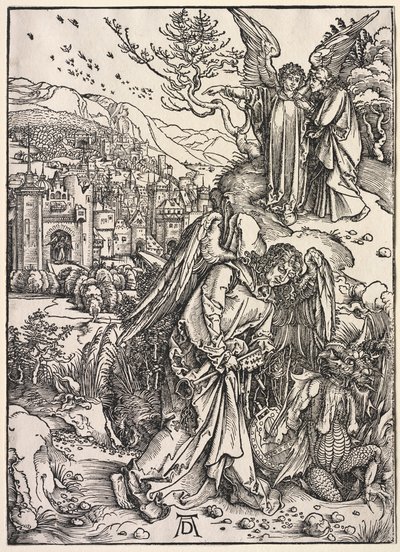 Objawienie św. Jana: Anioł z kluczem do bezdennej jamy autorstwa Albrecht Dürer