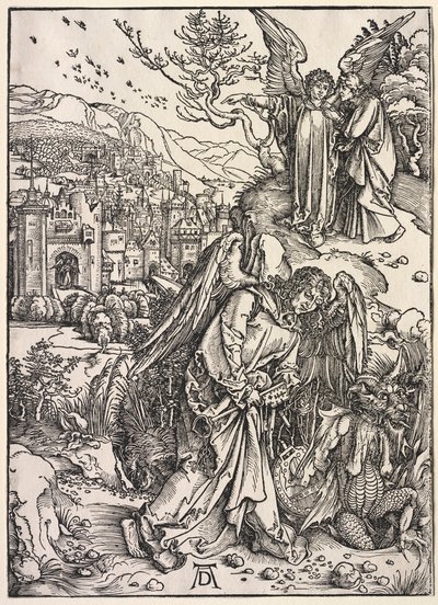 Objawienie św. Jana: Anioł z kluczem do bezdennej jamy, 1511. autorstwa Albrecht Dürer