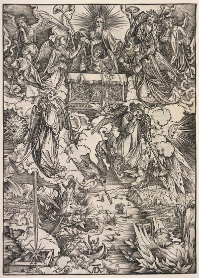 Objawienie św. Jana: siedmiu aniołów z trąbkami autorstwa Albrecht Dürer