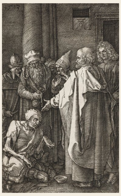 Św. Piotr i Św. Jan uzdrawiający chromego przy bramie świątyni autorstwa Albrecht Dürer