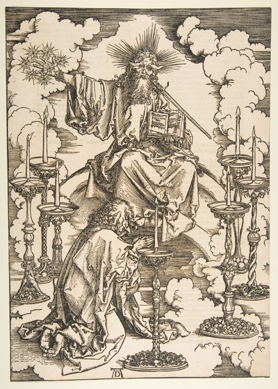 Święty Jan spoglądający na siedem złotych świeczników, z książki The Apocalypse.n.d. autorstwa Albrecht Dürer