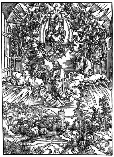 Scena z Apokalipsy, św. Jan przed Bogiem Ojcem i Dwudziestu Czterech Starców, 1498, 1936. autorstwa Albrecht Dürer