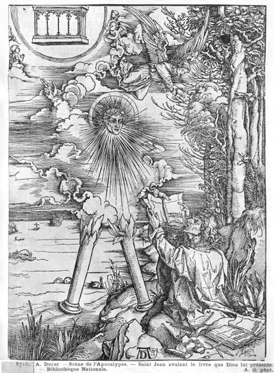 Scena z Apokalipsy, św. Jan pożerający Księgę, wydanie łac., 1511 (drzewryt) (fot. bw) autorstwa Albrecht Dürer