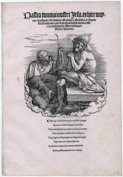 „Cierpiący Chrystus i żołnierz”, arkusz 1 [strona tytułowa] cyklu „Wielka Pasja” autorstwa Albrecht Dürer