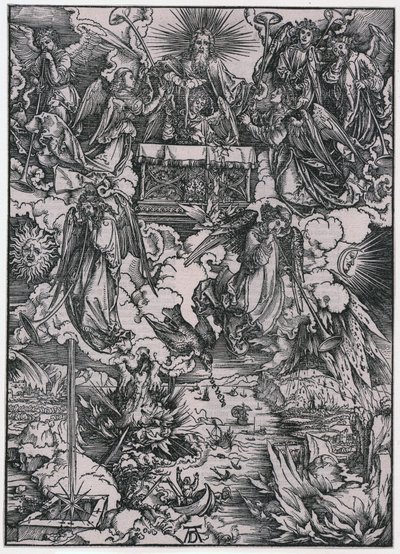 Siedmiu aniołów z trąbami, postać VI, karta 8 z cyklu „Apokalipsa” autorstwa Albrecht Dürer