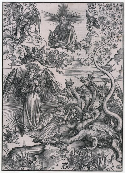 „Kobieta Słońca i siedmiogłowy smok”, postać IX, arkusz 11 z cyklu „Apokalipsa” autorstwa Albrecht Dürer