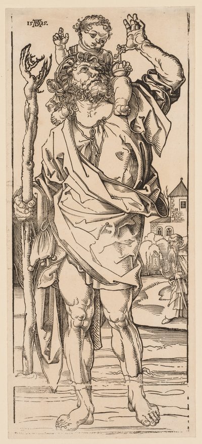 Św. Krzysztof przekraczający strumień, 1528. autorstwa Albrecht Dürer