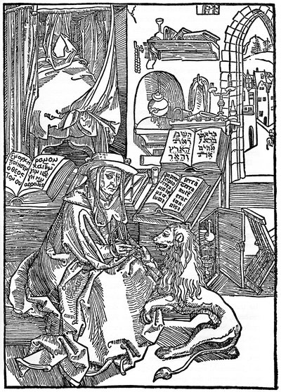 Św. Hieronim w swoim gabinecie wyciąga cierń z łapy lwa, 1492, 1936 autorstwa Albrecht Dürer