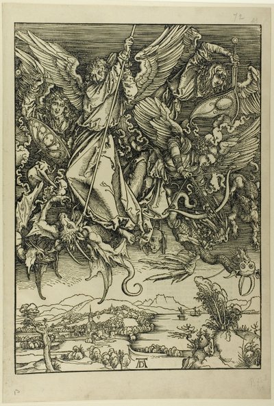 Św. Michał walczący ze smokiem, z Apokalipsy autorstwa Albrecht Dürer