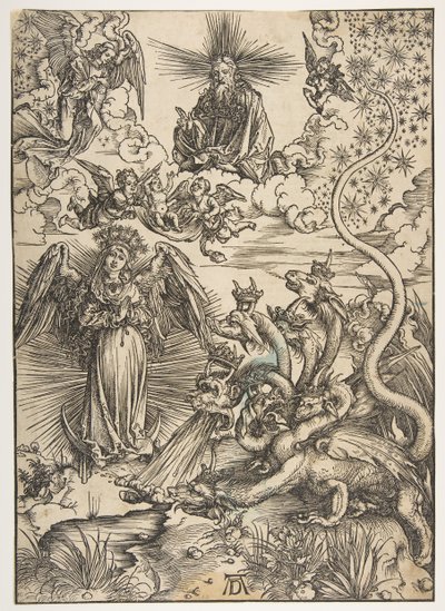 Kobieta apokaliptyczna z Apokalipsy, wydanie łacińskie, 1511, 1511. autorstwa Albrecht Dürer