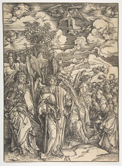 Cztery anioły trzymające wiatry, z Apokalipsy, wydanie niemieckie, 1498, ca. 1498. autorstwa Albrecht Dürer