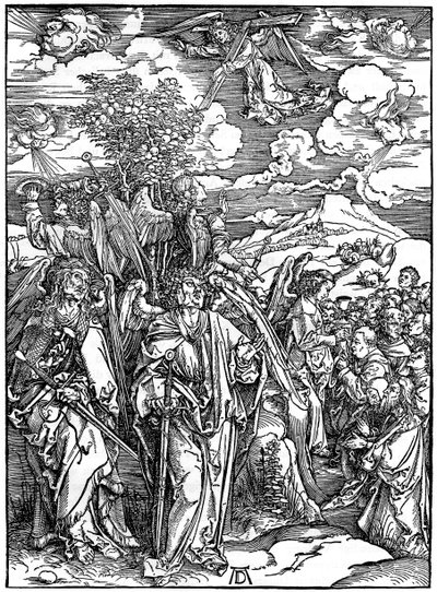 Cztery Anioły trzymające wiatry, 1498, 1936 autorstwa Albrecht Dürer