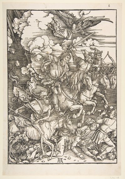Czterej jeźdźcy z Apokalipsy, wydanie łacińskie, 1511, ca. 1511. autorstwa Albrecht Dürer