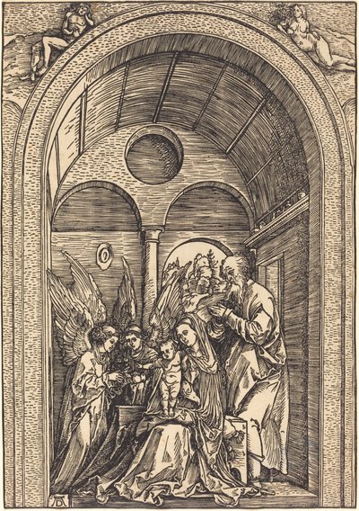Święta Rodzina z dwoma aniołami w sklepionej sali autorstwa Albrecht Dürer