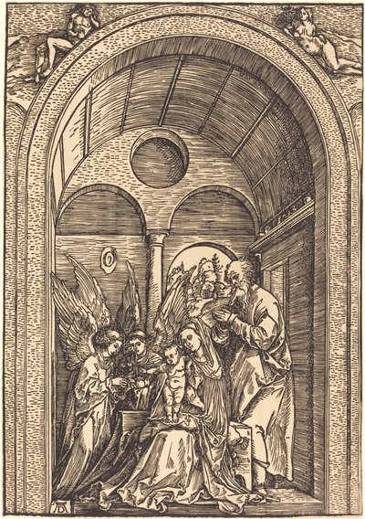 Święta Rodzina z dwoma aniołami w sklepionej sali autorstwa Albrecht Dürer
