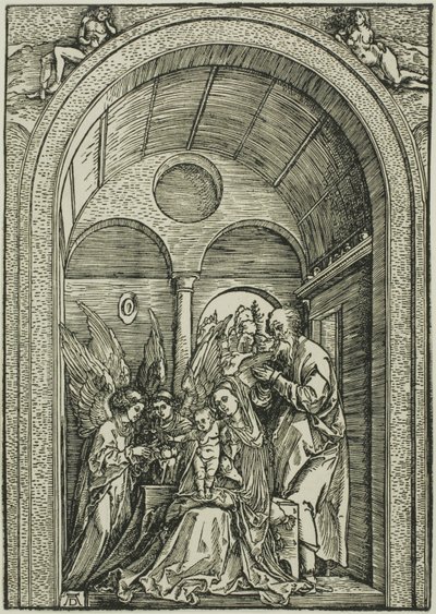 Święta Rodzina z dwoma aniołami w sklepionej sali autorstwa Albrecht Dürer