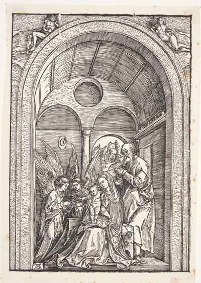Święta Rodzina z dwoma aniołami w sklepionej sali autorstwa Albrecht Dürer
