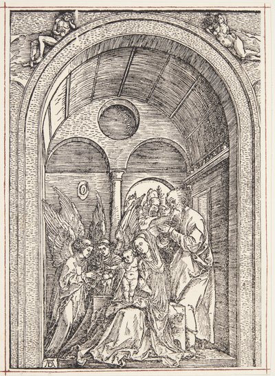 Święta Rodzina z dwoma aniołami w sklepionej sali autorstwa Albrecht Dürer