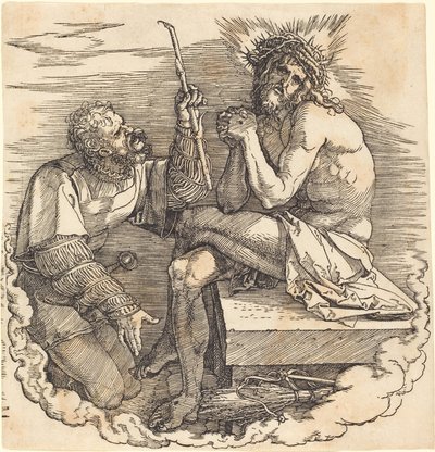 Mąż boleści wyśmiewany przez żołnierza autorstwa Albrecht Dürer