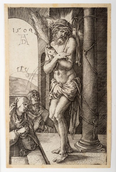 Mąż Bolesny przy Kolumnie z Matką Boską i Św. Janem, z Wyrytej Pasji autorstwa Albrecht Dürer
